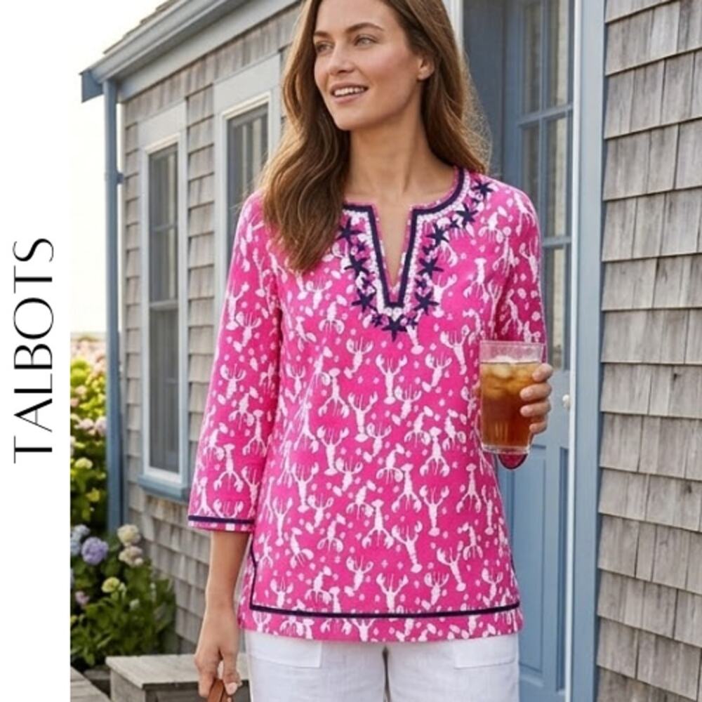 Talbots Pink Lobster Print Tunic Top XS NWT Coastal Preppy Cotton